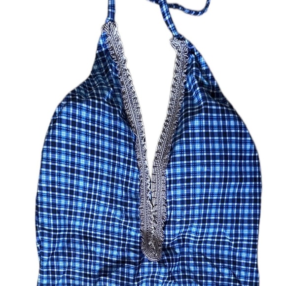 Mermaid Swimwear Plaid Ruffle Bright Blue Halter One Piece Swimsuit Size L - Picture 3 of 8